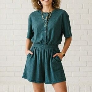 Allison Gray Romper Womens‎ Small Teal 80s Coastal Grandmother Shoulder Pads